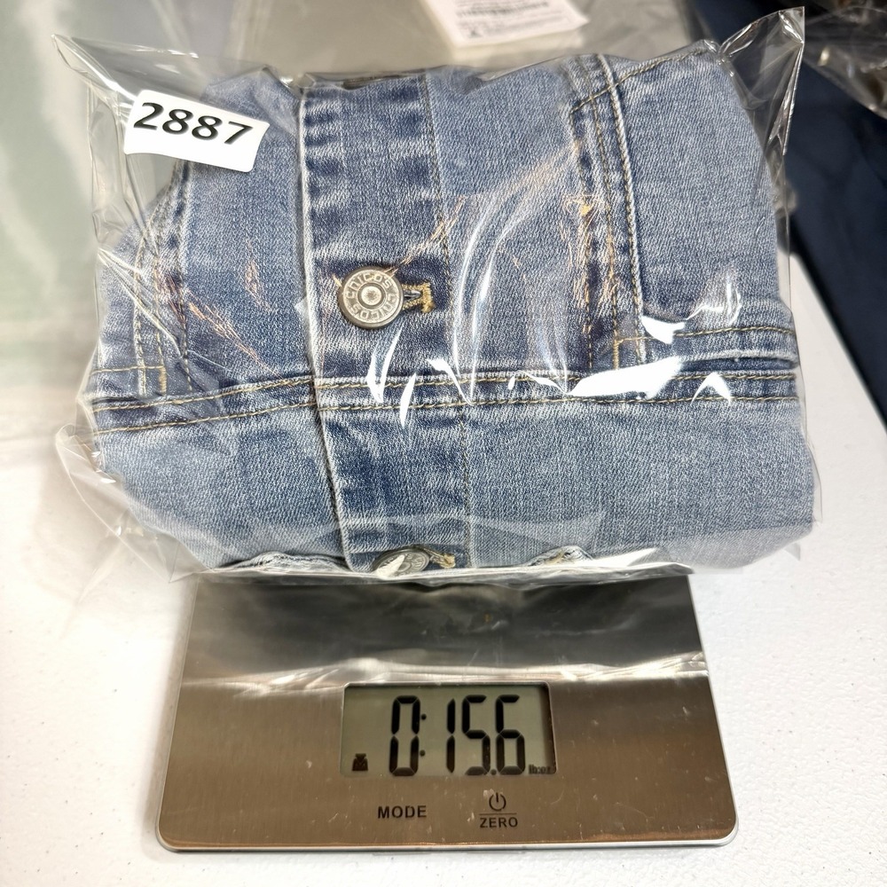 Chico's Cropped Jean Trucker Jacket Boxy Frayed Stretch Layering Capsule Size L - Picture 10 of 10